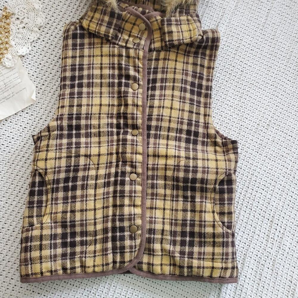 y2k Vintage sashimi yellow and brown fur lined hood vest - Picture 7 of 8